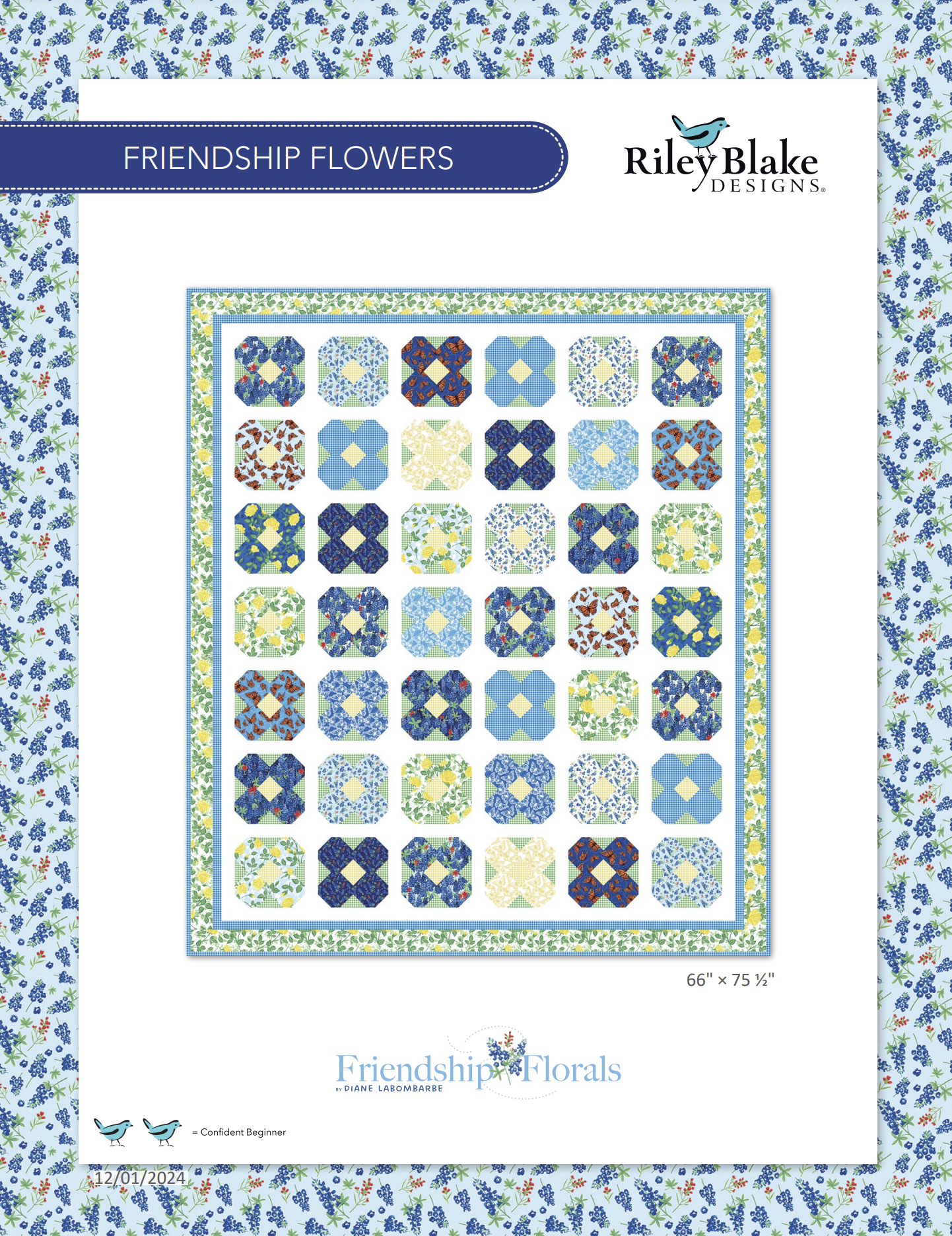 Friendship Flowers quilt pattern for patchwork squares with blue, green, and floral blocks