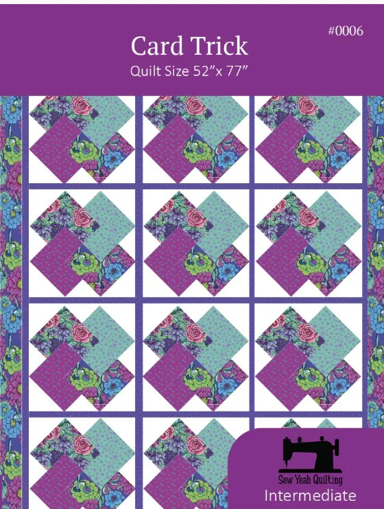 Quilt pattern booklet with Card Trick patchwork squares in teal, pink, purple floral prints