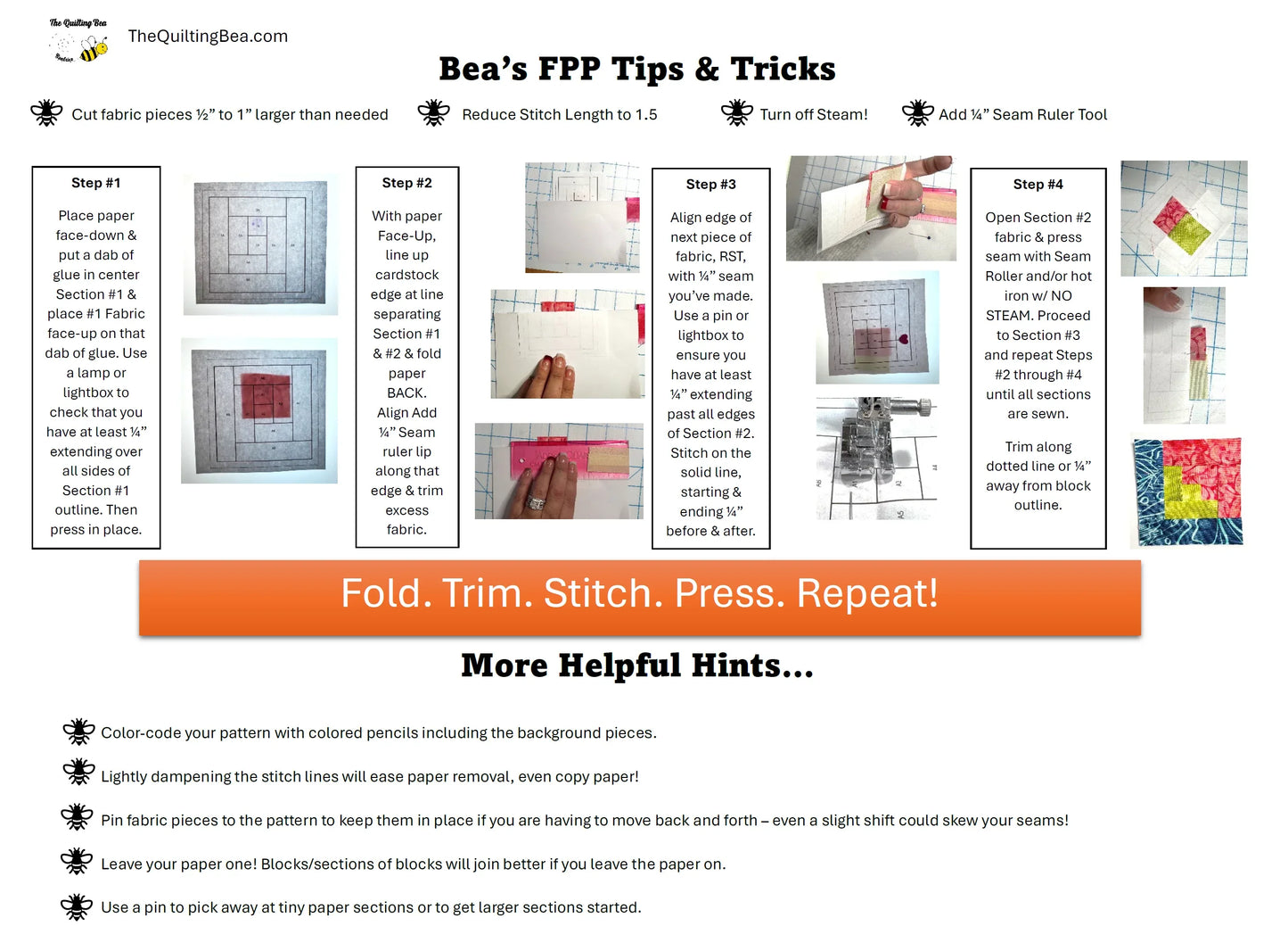 Printable foundation paper piecing tips and tricks page with diagrams and step instructions