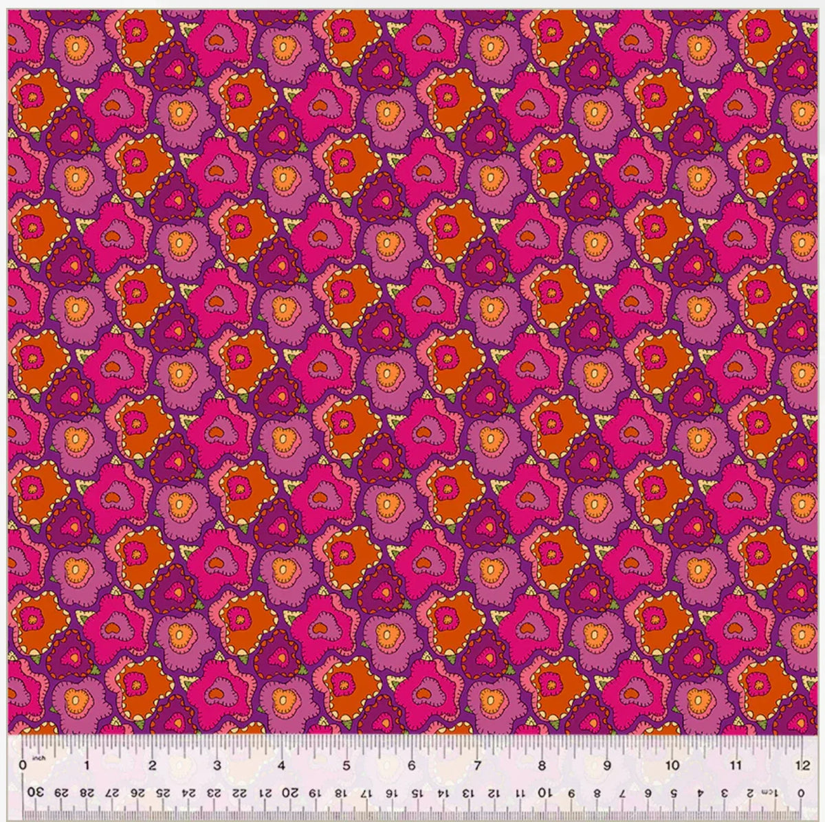 Quilt fabric with magenta floral medallion pattern and small yellow centers