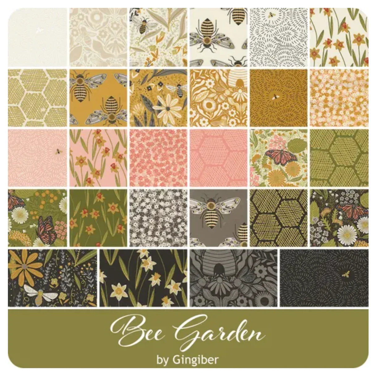 Bee Garden charm fabric assortment with honeycomb and bee prints in gold, pink, and dark green
