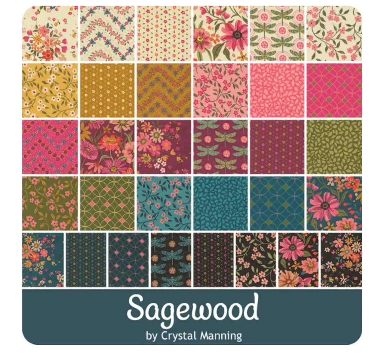 Mini charm pack of assorted floral fabric squares in a colorful patchwork grid