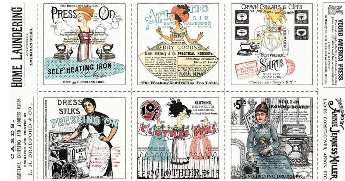 Vintage sewing-themed patch panel cotton fabric with ironing, needles, and quotes