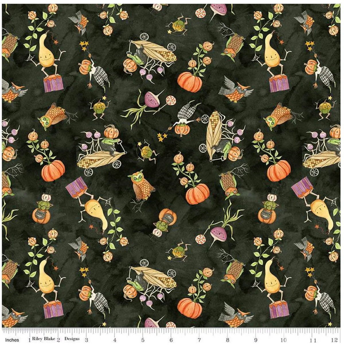 Dark green Halloween fabric with gourds, pumpkins, bats, and small birds pattern