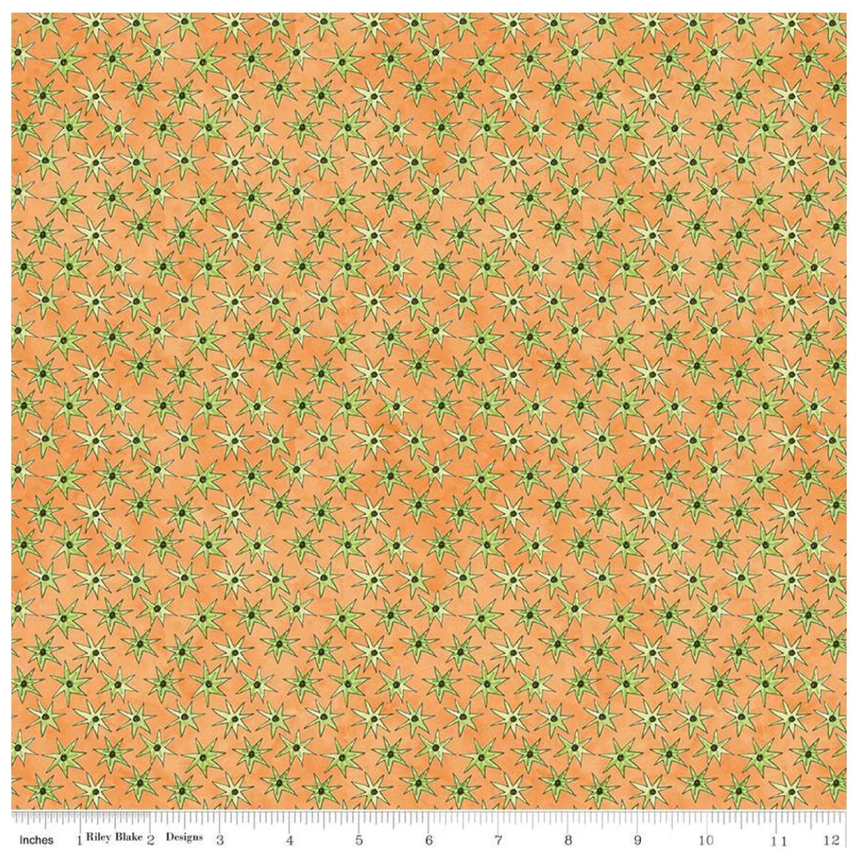 Orange fabric with repeating green and yellow star pattern