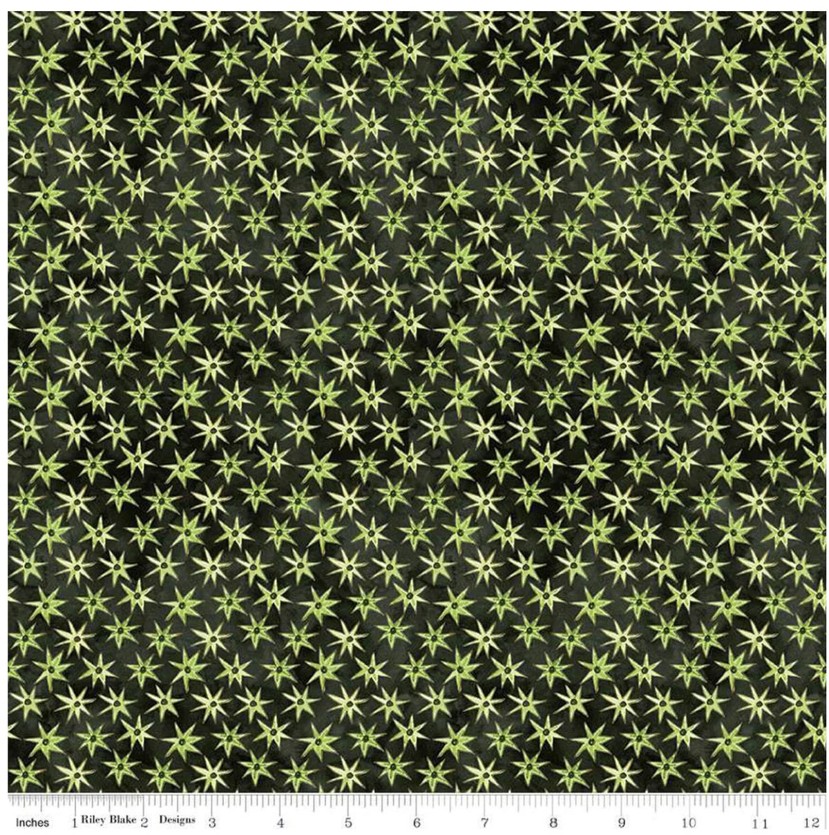 Black cotton fabric with lime green starburst pattern