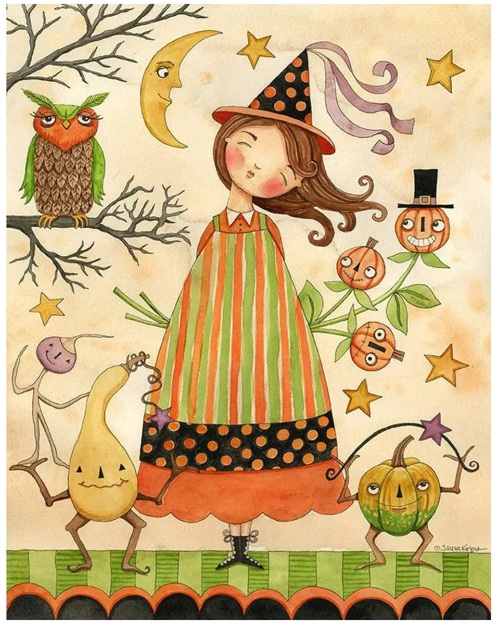Halloween fabric panel with cartoon witch, owls, cats, stars, and pumpkins