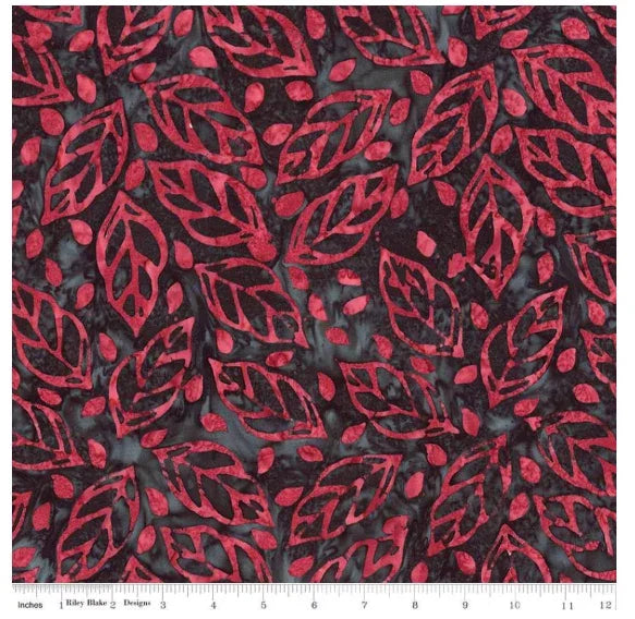 Batik cotton fabric with dark black and red cherry floral leaf pattern, repeating allover