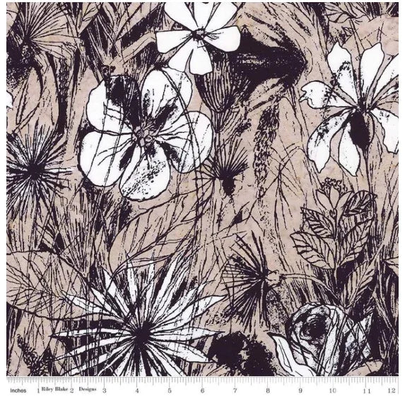Coffee cream batik floral botanical fabric with black outlines and blossoms