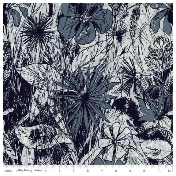 Floral batik fabric with steel blue and navy botanical print on light background
