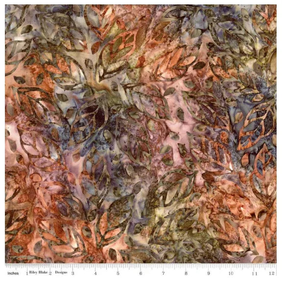 Floral batik fabric with bronze, sea-blue, and cream leaflike pattern