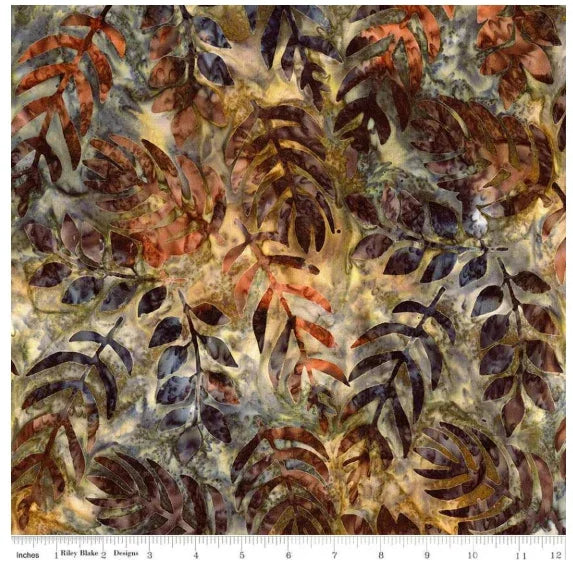 Multicolor floral batik fabric with leaf and ribbon shapes on light tan background