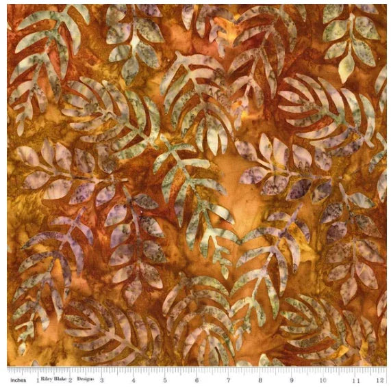 Floral batik fabric with cinnamon orange leaf and flower reflections pattern