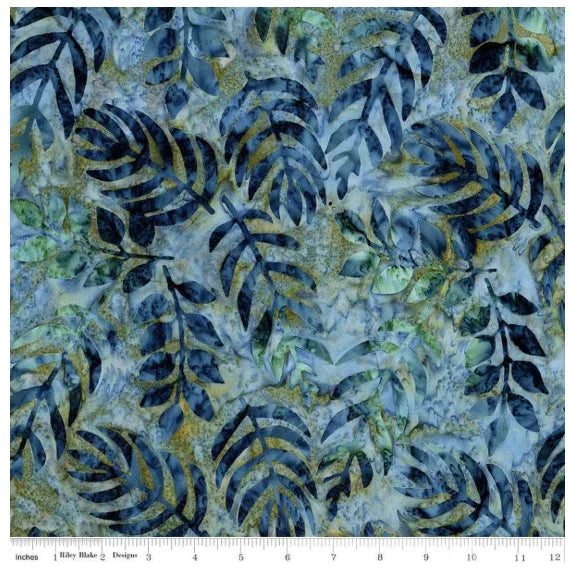 Floral batik denim-blue fabric with dark leaf reflections pattern