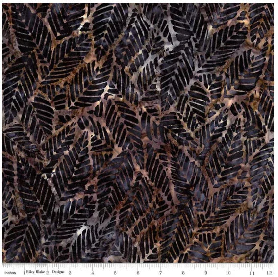 Batik floral reflections fabric with black, brown, and tan leaflike patterns