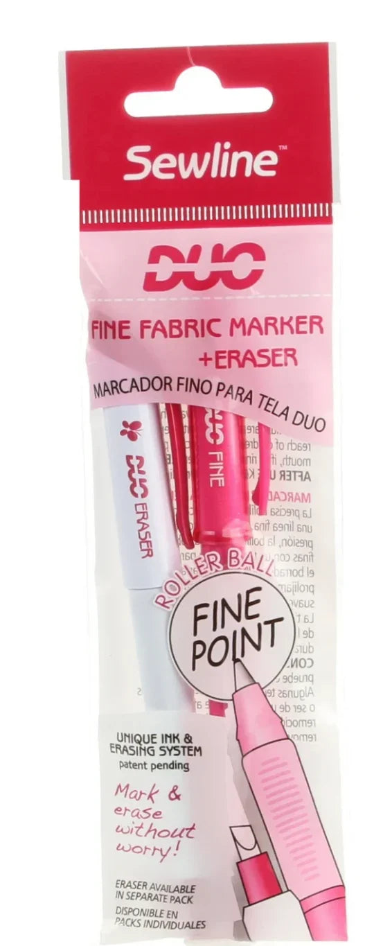 Fine fabric marker with eraser, pink fine point pen in blister pack