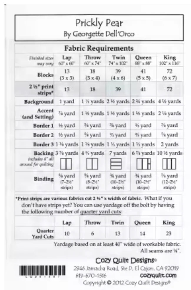 Quilt pattern fabric requirements chart for Prickly Pear, yardage and block sizes