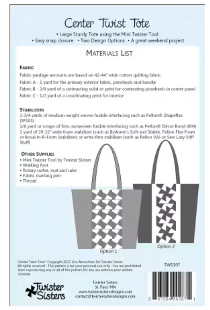 Center Twist Tote with two-tone geometric panels and center twist, top handles
