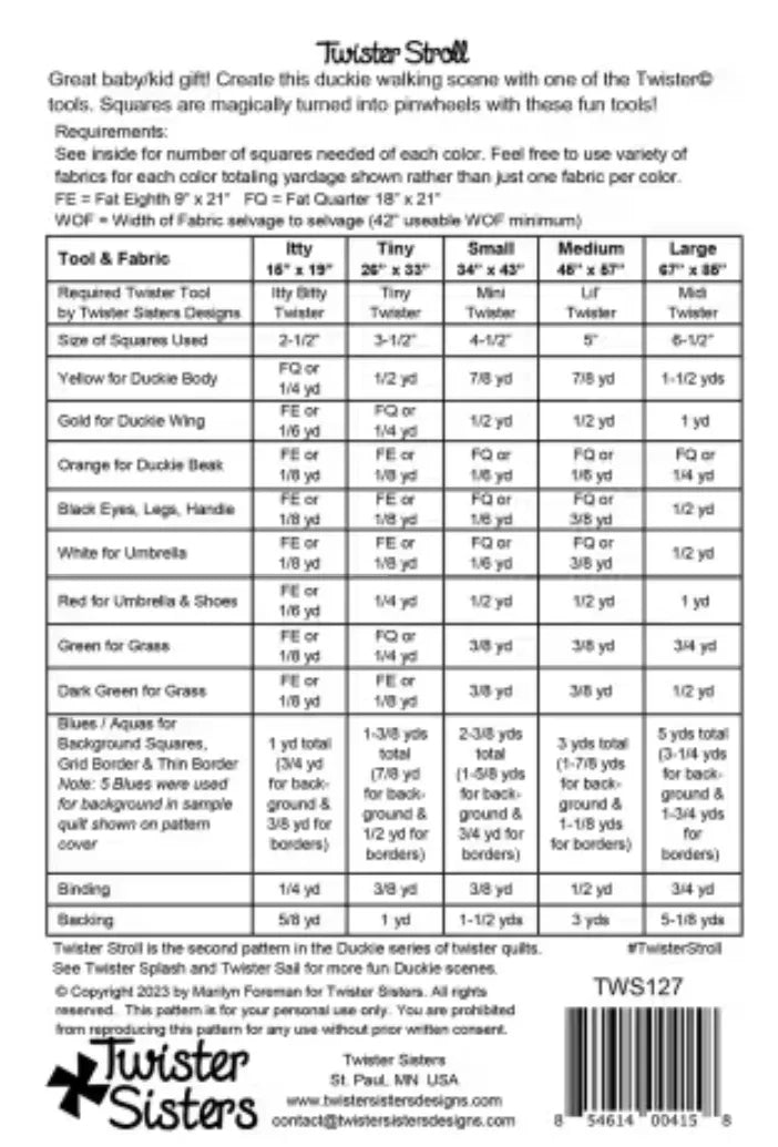 Twister Stroll quilt pattern instruction sheet with size and fabric yardage chart