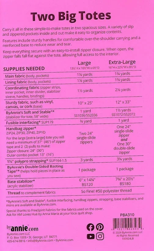Two Big Totes sewing pattern by ByAnnie with size chart and pocket/zipper guide