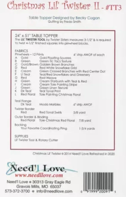 Quilted table topper pattern sheet with fabric color key and supply details