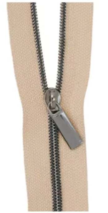 Nylon coil zipper with gunmetal metal pull, dark gray zipper tape