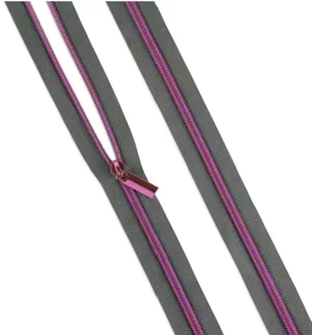 Nylon coil zipper tape, dark grey with purple-pink coil and pull