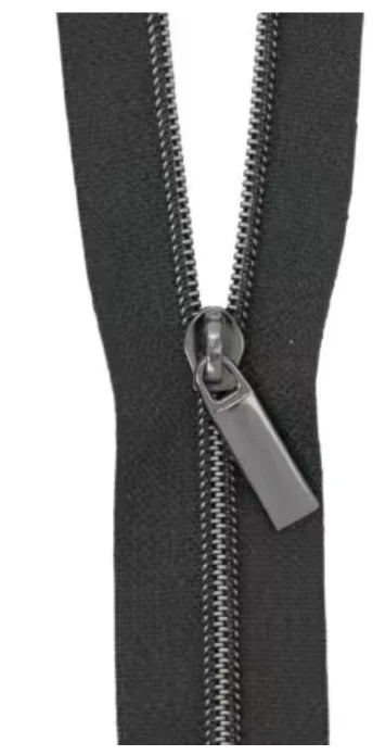 Gunmetal coil zipper with metal pull, dark gray tape