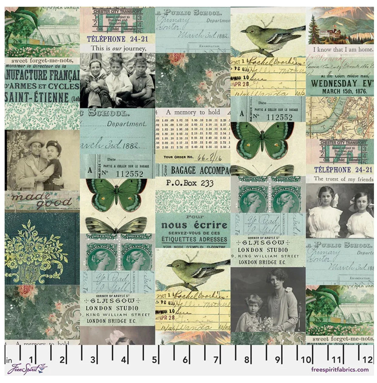Teal collage patterned fabric with birds, butterflies, stamps, and handwritten text