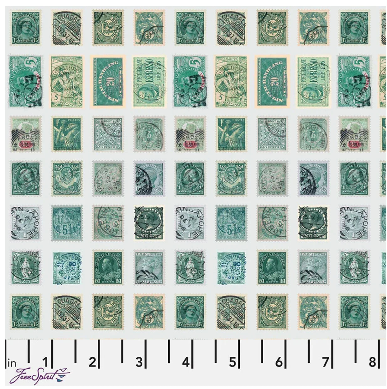 Teal postage stamp collection sheet with assorted circular and numeral designs