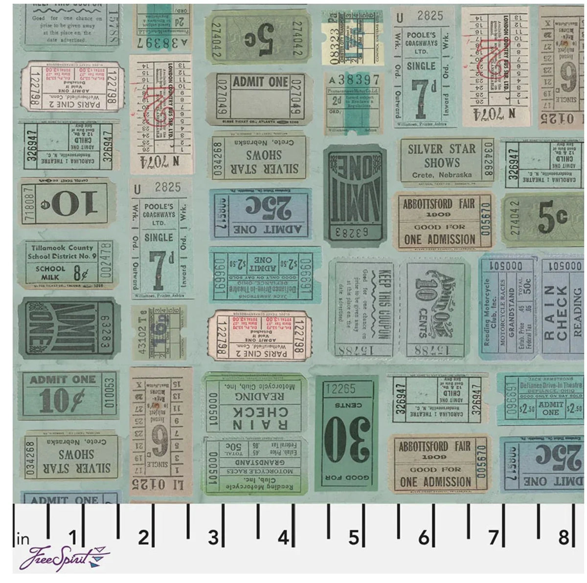 Teal fabric with vintage ticket and label print in off-white