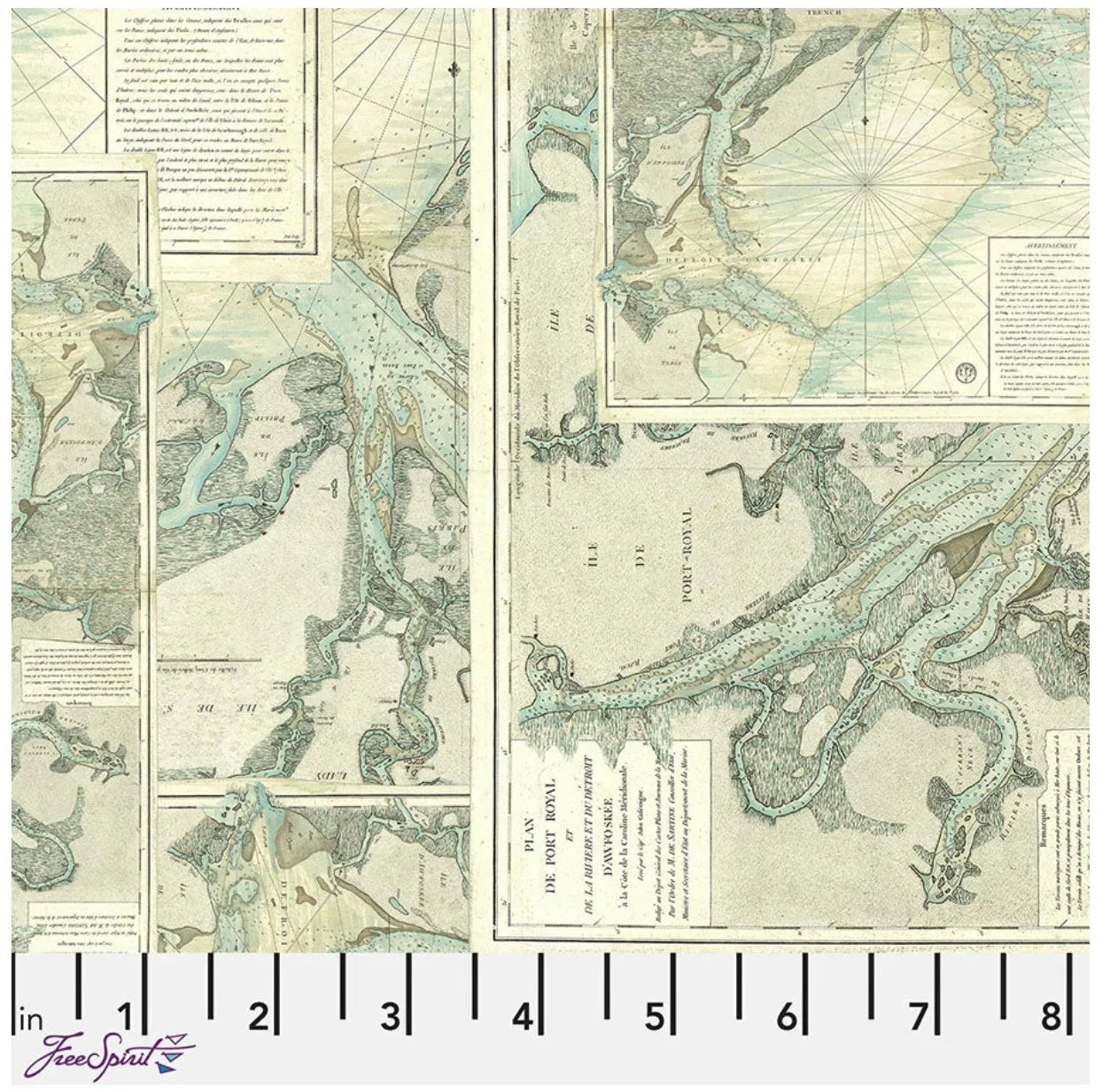 Teal map print fabric panel with charts and waterways