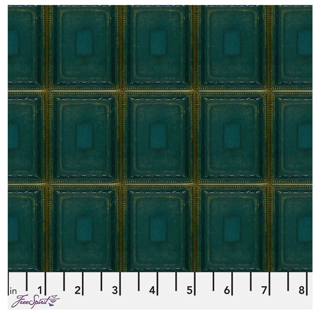 Teal tile patterned fabric panel with small square motifs and gold border lines