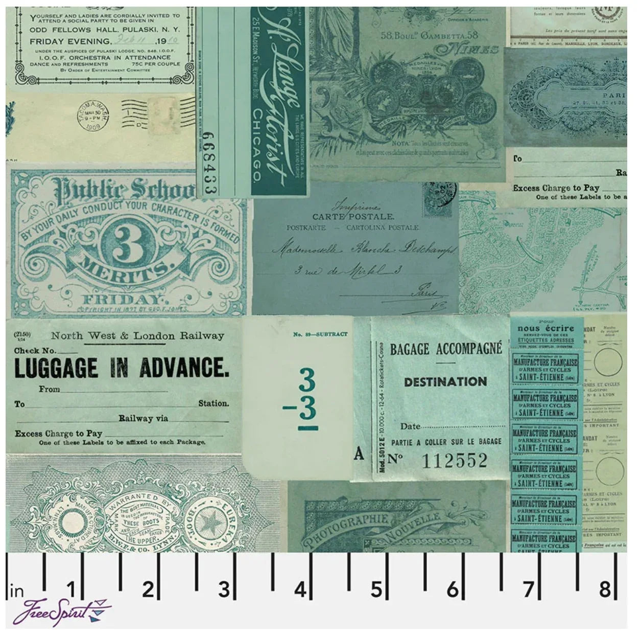 Teal ephemera print fabric with ticket, postcard, and ornate scroll designs