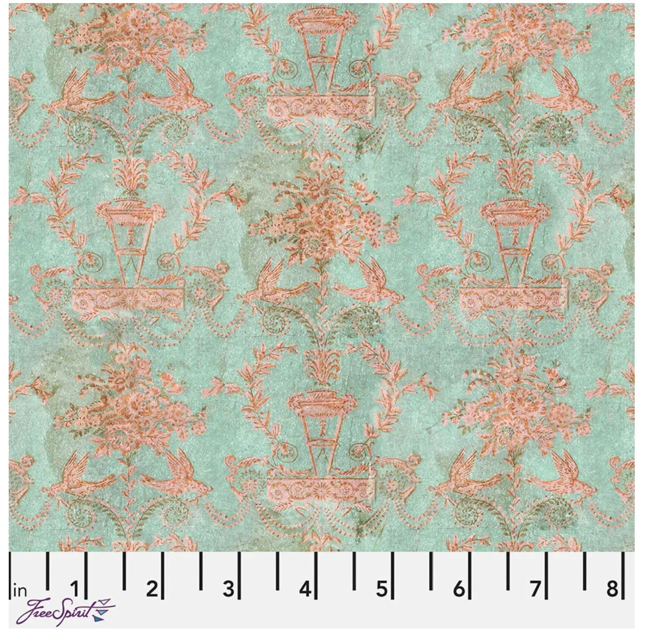 Teal wallpaper with coral botanical medallion and leaf motifs, repeating pattern