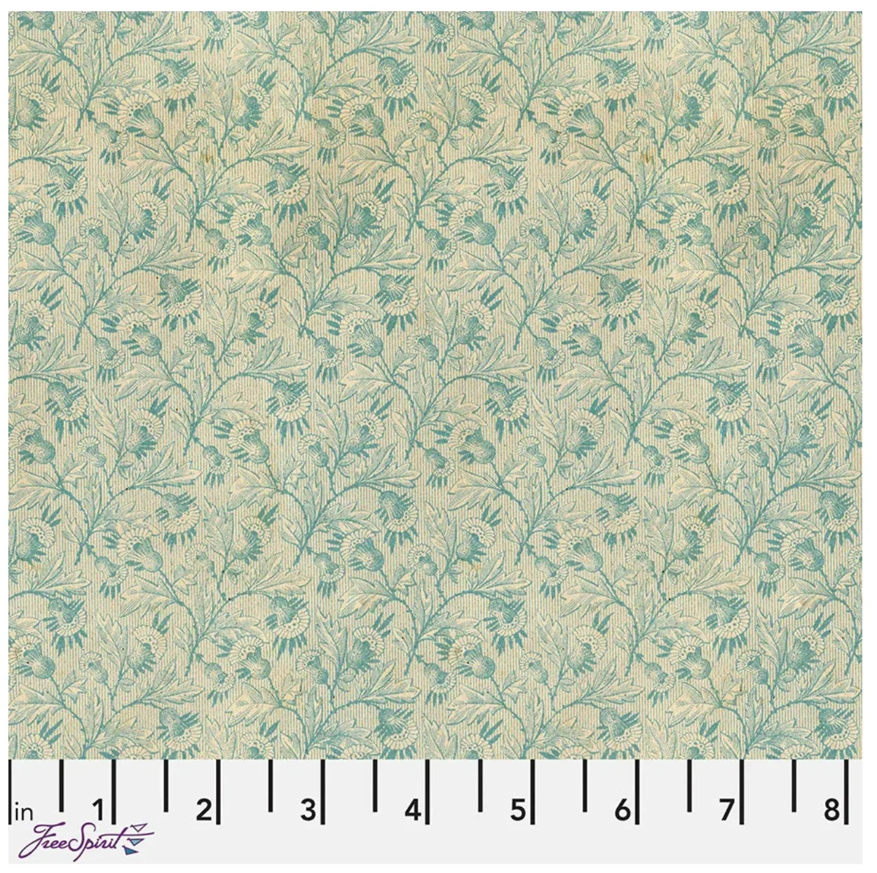 Fabric swatch with tiny teal botanical print on light background