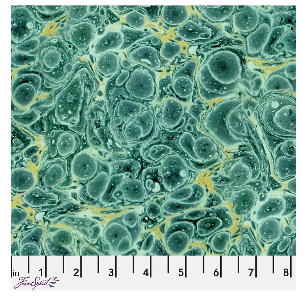 Teal marble pattern fabric panel with swirling green and yellow speckles