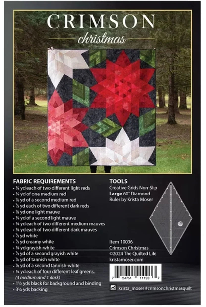 Quilt pattern: red flower blocks, dark green/black triangles, white accents