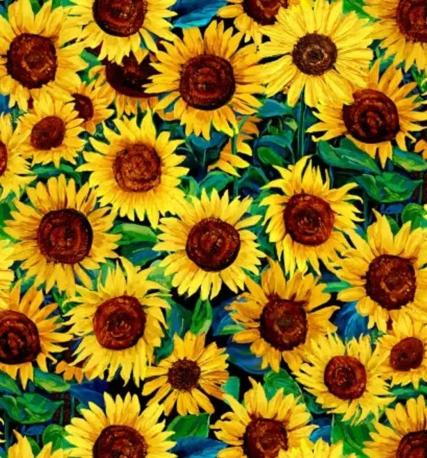 Sunflower-themed fabric with bright yellow blossoms and dark brown centers