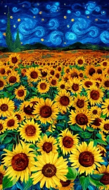 Sunflower fabric panel with yellow blossoms, dark centers, and blue cloudy sky