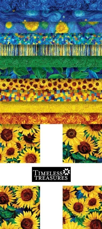 Patchwork fabric squares bundle with sunflower and blue green prints, 10-inch squares
