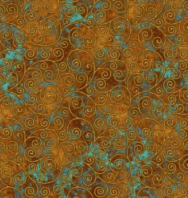 Rust-brown fabric with teal swirling scroll and leaf pattern, seamless repeat
