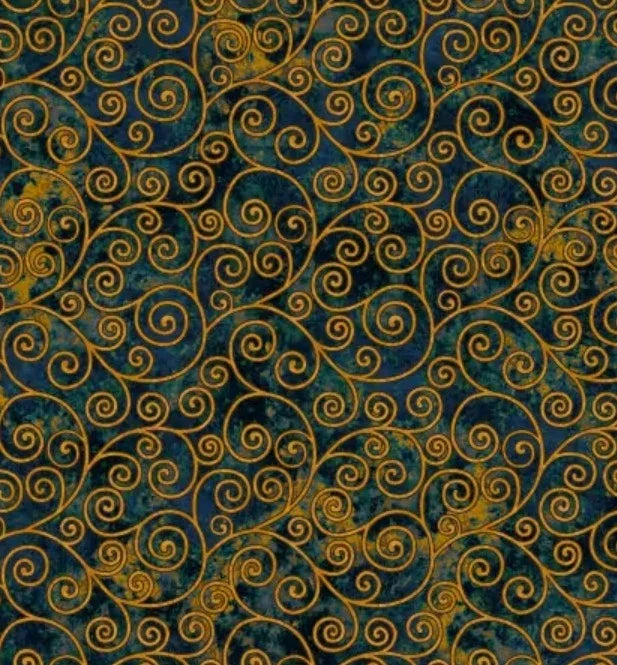 Indigo fabric with ornate gold swirl scroll pattern and leaf accents