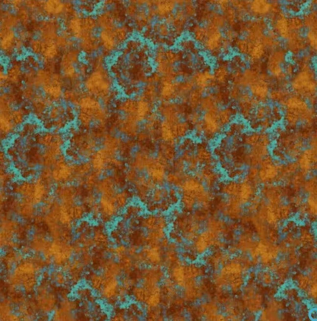 Rust and teal mottled texture fabric with speckled distressed pattern