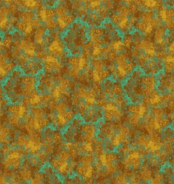 Textile fabric with mottled ochre and teal texture pattern, dense speckling