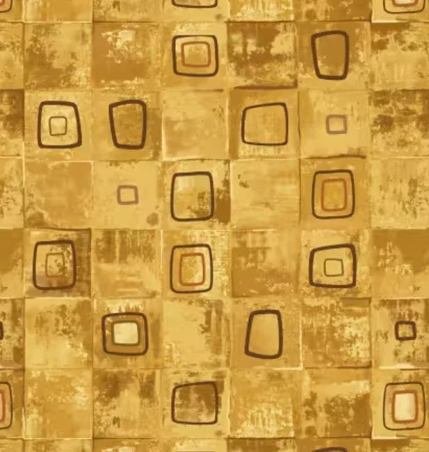 Gold quilting patch with outlined squares and rectangles in dark brown accents