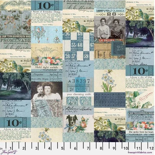 Blue collage fabric panel with vintage text, florals, and small illustrations