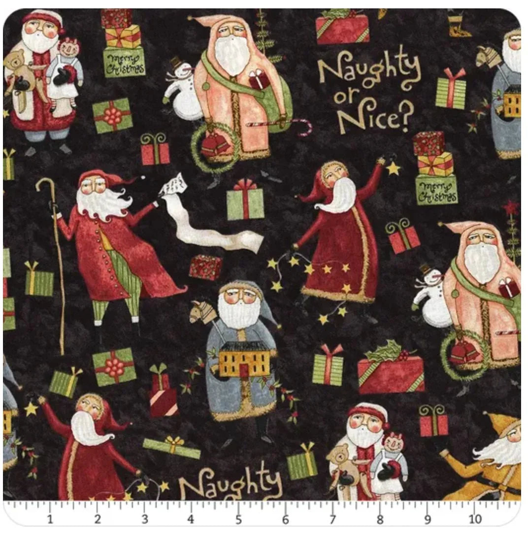 Black holiday quilting fabric with Santa, elves, gifts, and 'Naughty or Nice?' text