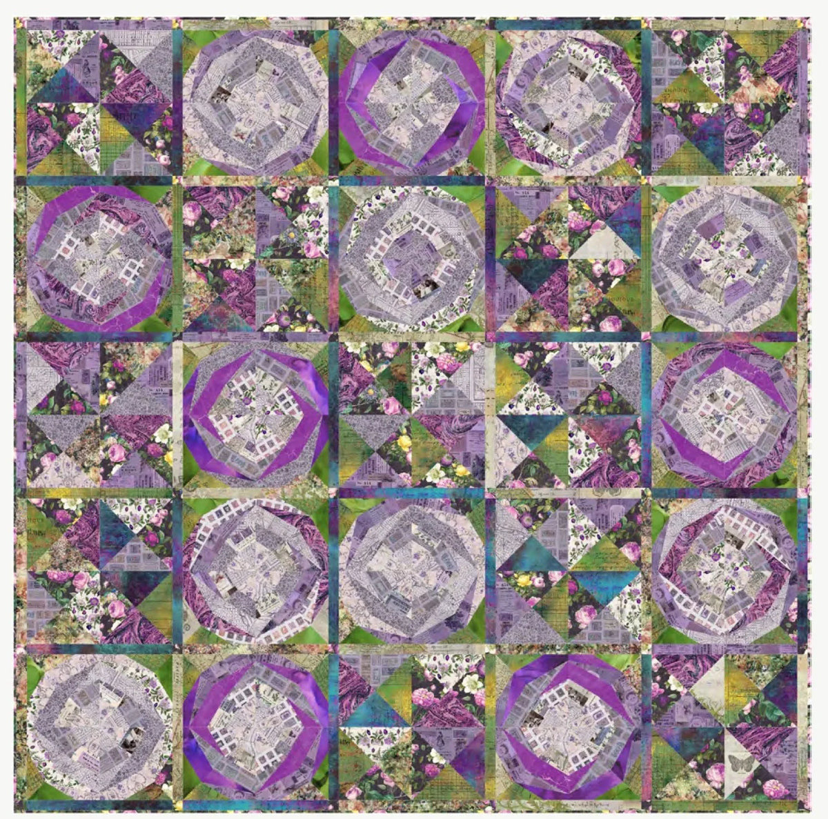 Quilt block foundation paper piecing pattern with purple floral circle and diamond blocks