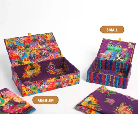 Fabric cigar box showing colorful bird cat pattern, blue and orange striped sides